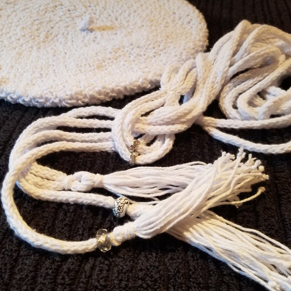 Crochet WHITE Beret & Belt French Chic Handmade Designer OS